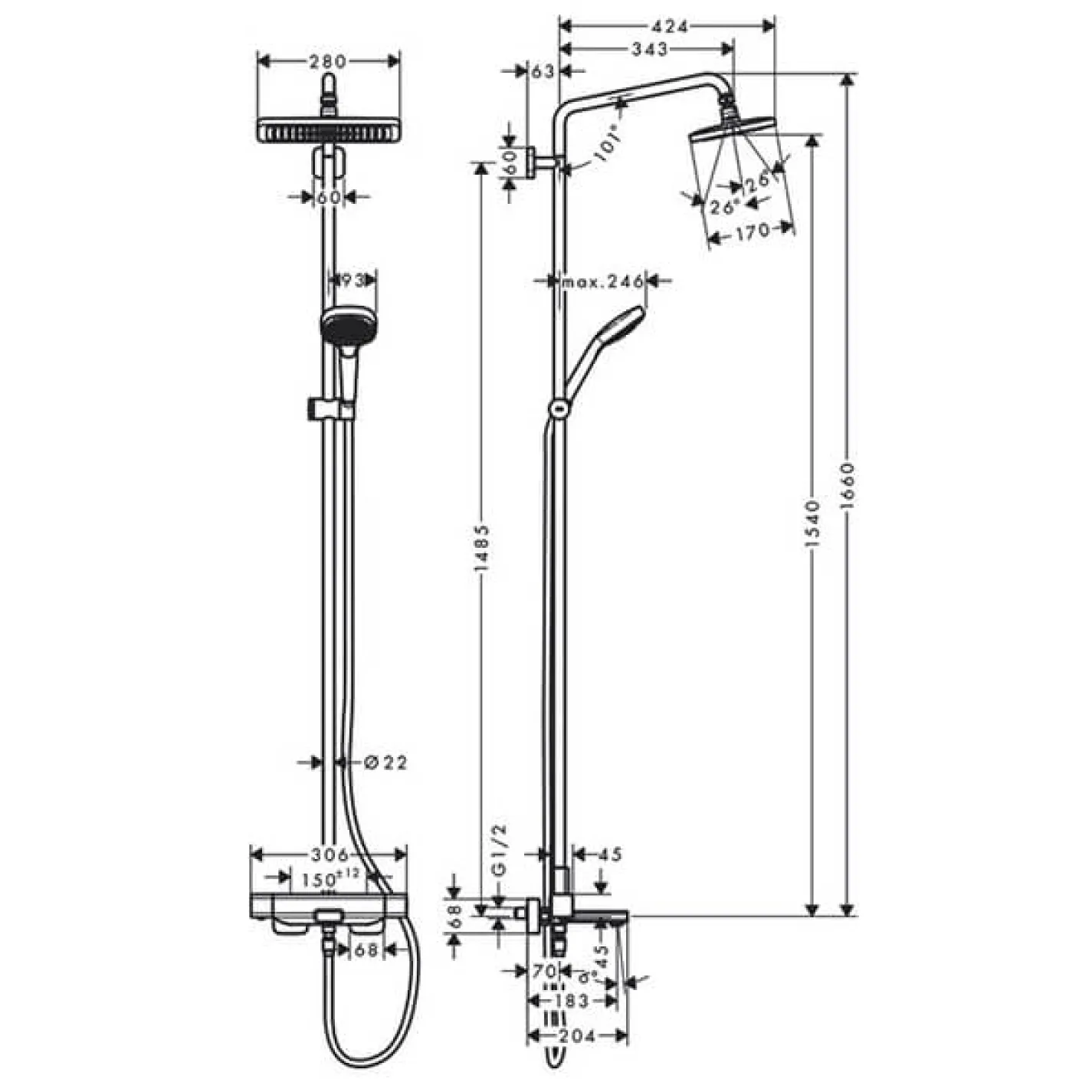 Душевая система с термостатом для настенного монтажа Hansgrohe Croma E 280 1jet Showerpipe (27687000) - Фото 3
